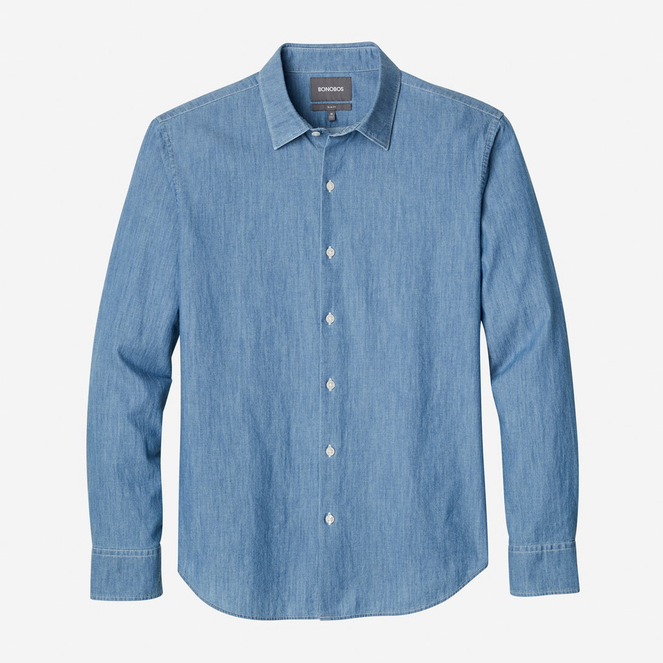 The blue chambray shirt tagged in the outfit