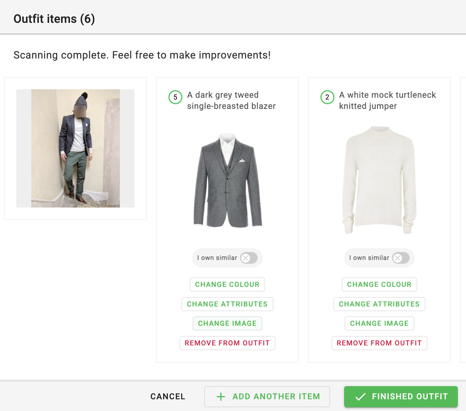 Able.Style outfit scan showing a face-blurred outfit photo alongside an automatically identified grey blazer and white knitted jumper